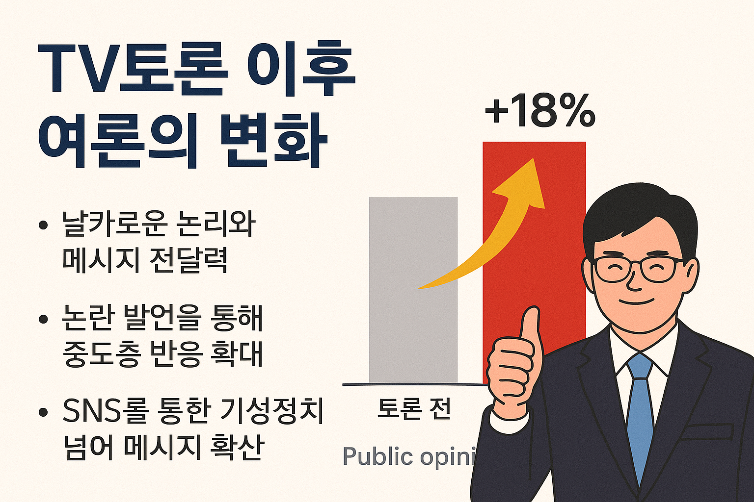 한동훈 후보의 TV토론 이후 여론 변화와 검색량 증가를 설명한 인포그래픽