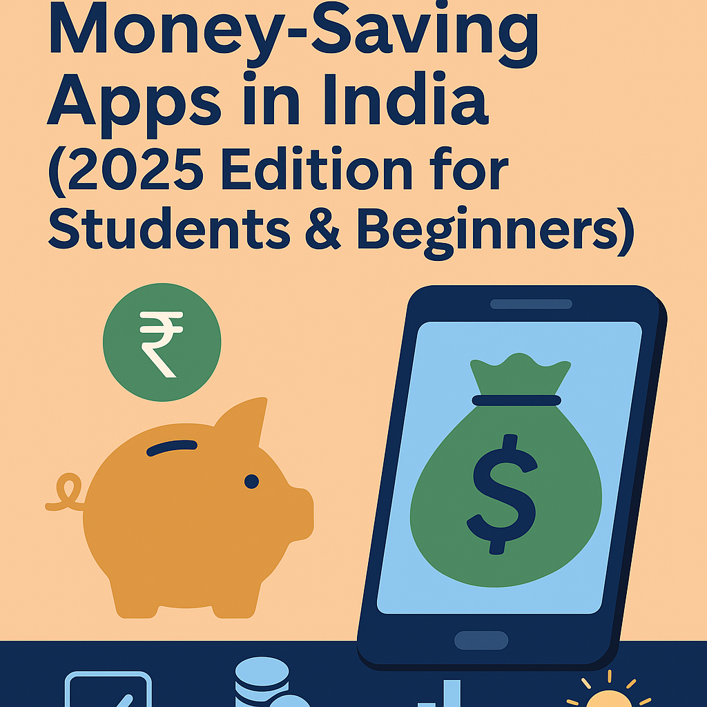 Illustration of a smartphone, piggy bank, and rupee symbol representing top money-saving apps in India for students in 2025