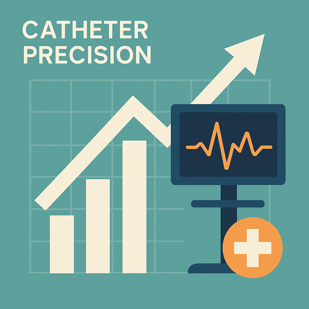 Catheter Precision의 의료 기술 성장과 시장 반응을 상징하는 그래프와 심전도 모니터 일러스트