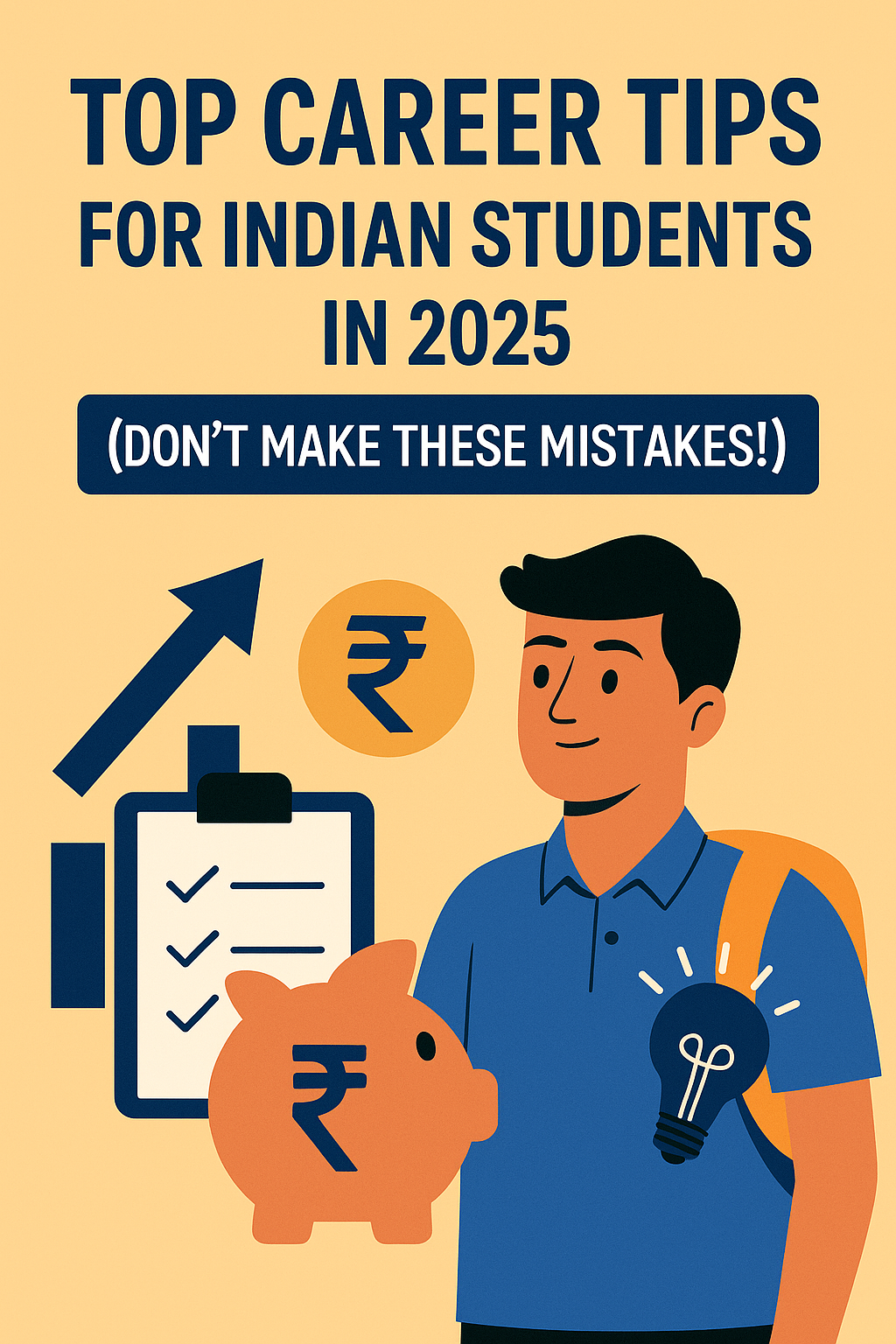 Illustration of a confident Indian student with icons of Rupee, checklist, piggy bank and lightbulb representing career tips for 2025