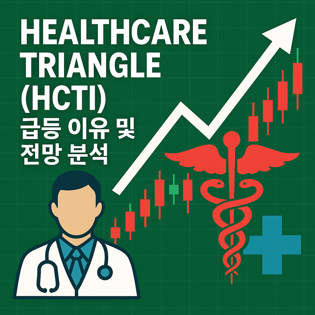 HCTI 주가 차트 상승과 의료 아이콘을 조합한 헬스케어 트라이앵글 기업 일러스트