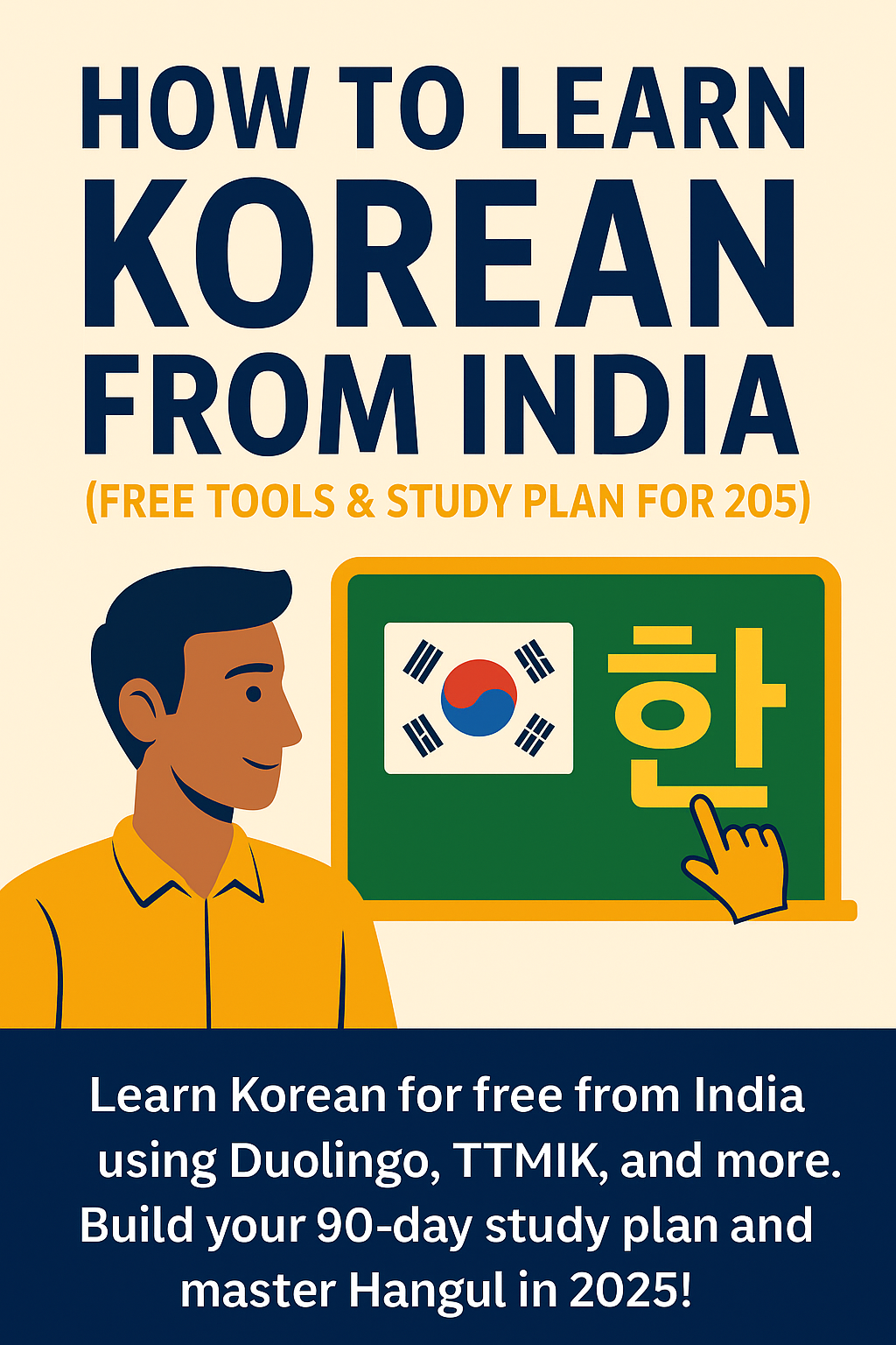 An Indian man studying Korean with a chalkboard showing the South Korean flag and a Hangul character