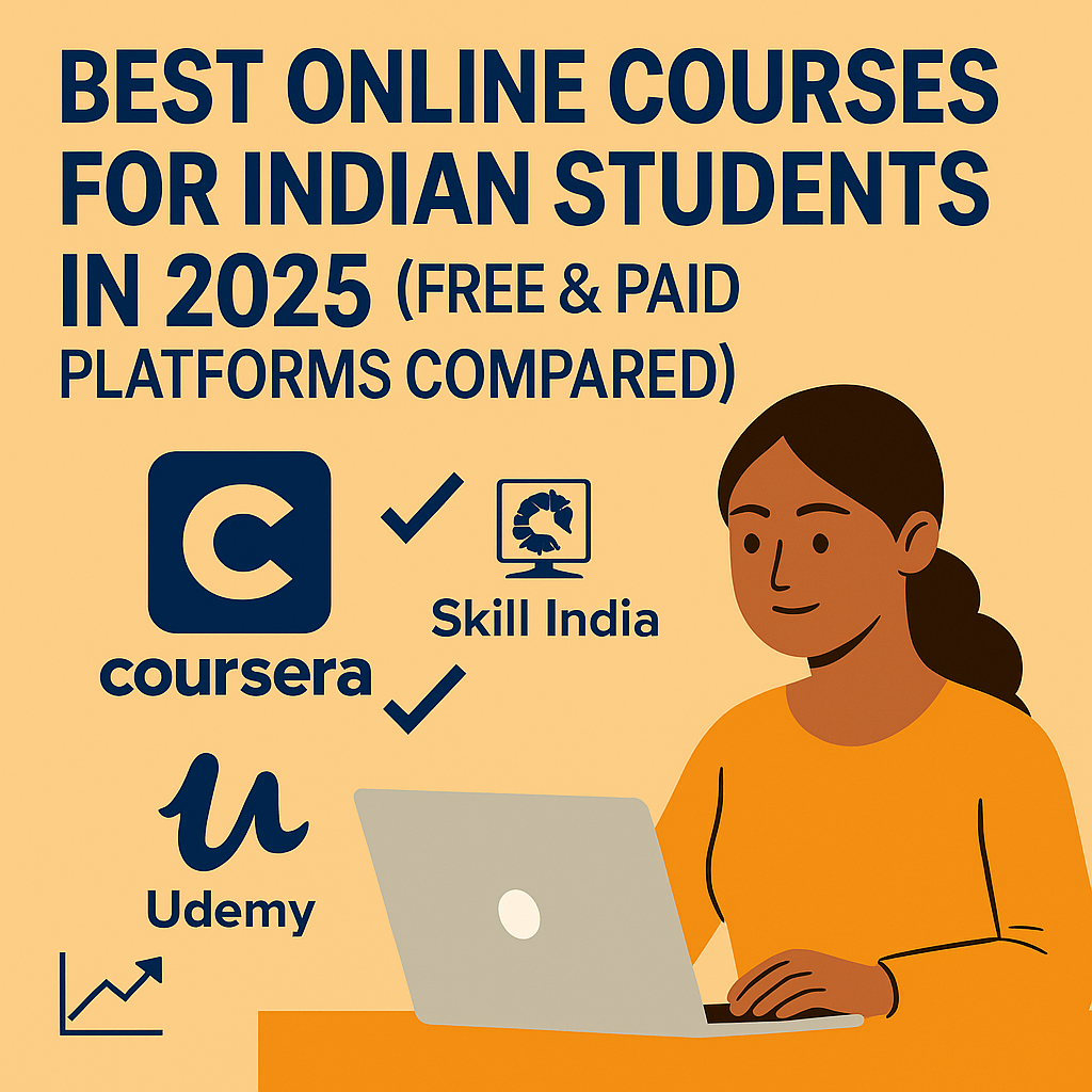 Digital graphic showing a young Indian student studying online with logos of Coursera, Skill India, and Udemy on a vibrant background