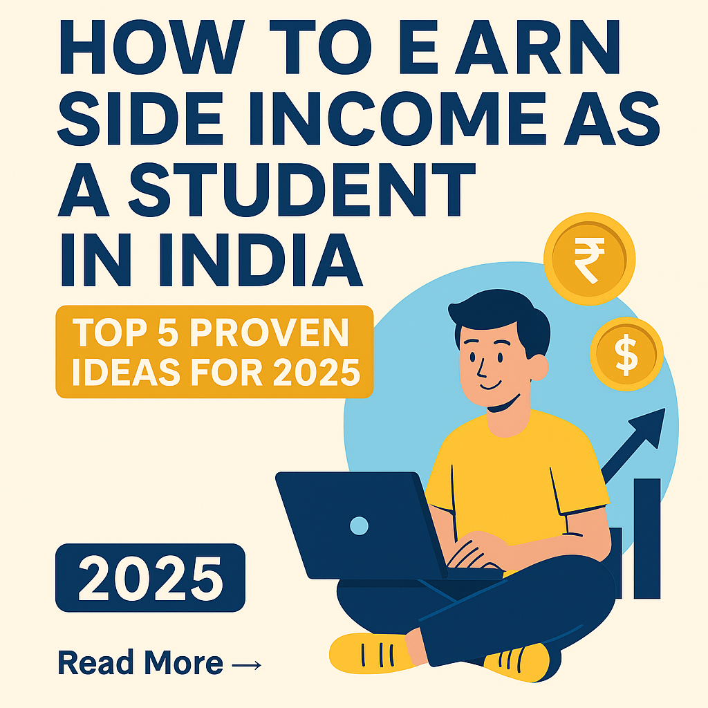 Flat-style illustration of an Indian student using a laptop with rupee and dollar icons representing side income ideas in 2025