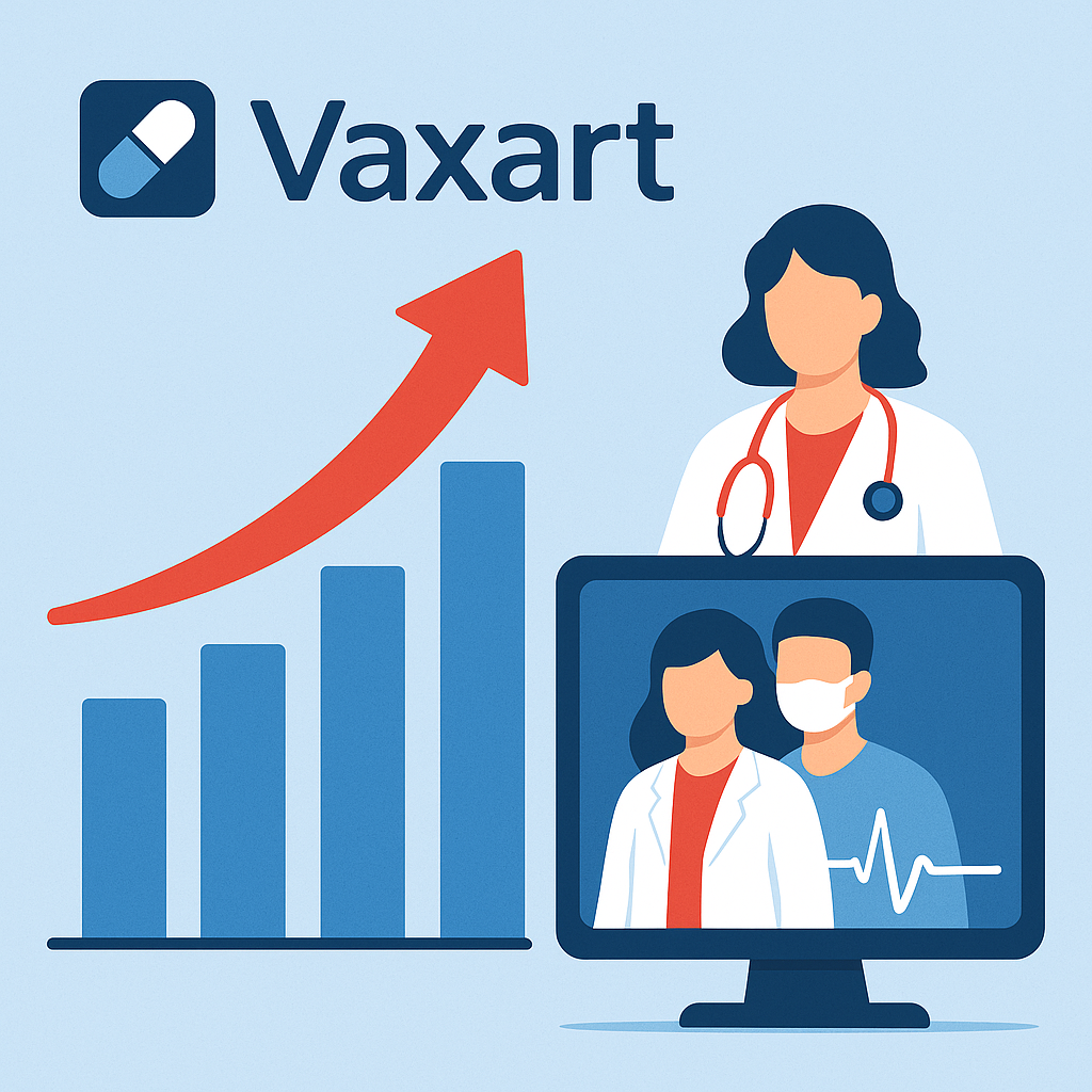 Vaxart의 의료 성과와 재무 호조를 상징하는 그래프와 의료진 일러스트