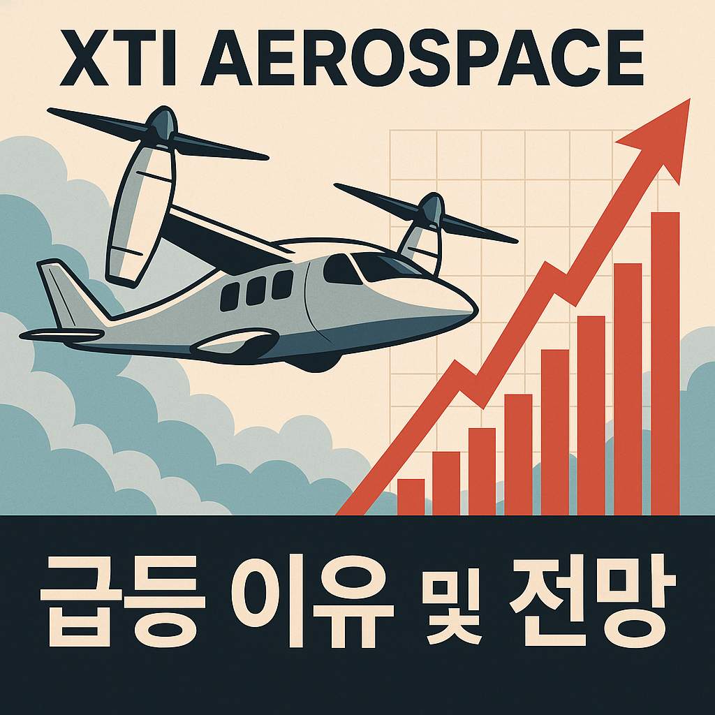 XTI Aerospace의 VTOL 항공기와 급등하는 주가 차트를 묘사한 일러스트 이미지